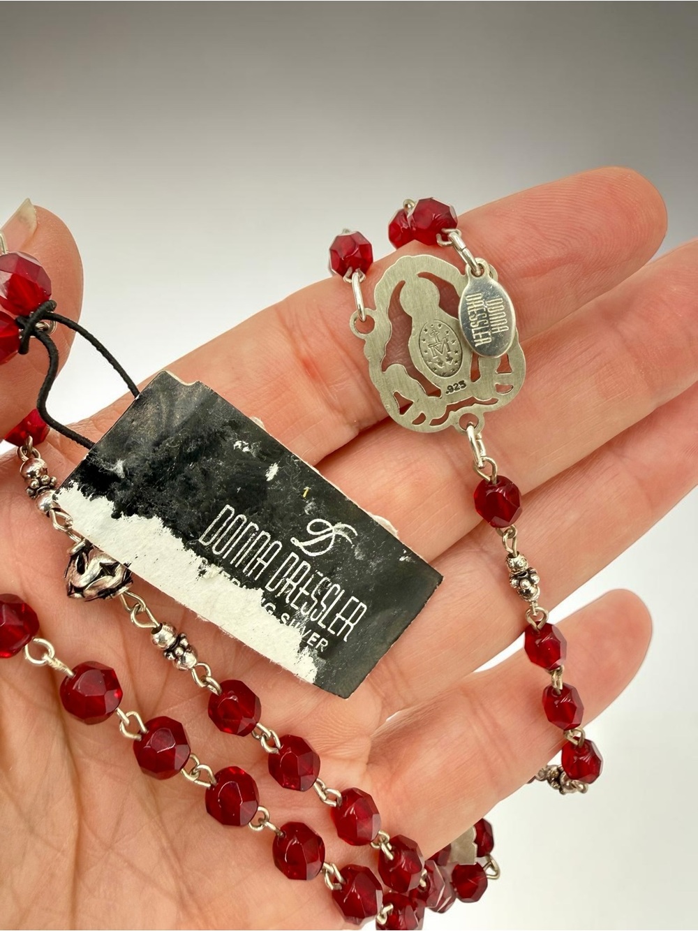Donna Dressler Sterling Silver Ruby Crystal Rosary Crucifix VTG Tagged 26” w 6”D - Picture 10 of 17